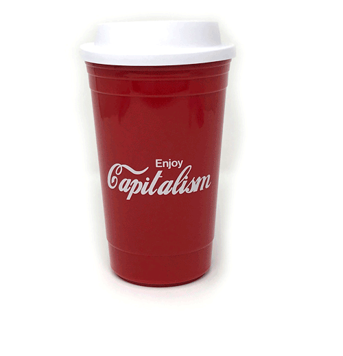 15 oz. Travel Mug - Enjoy Capitalism on one side, Ayn Rand's Capitalism quote on the other!